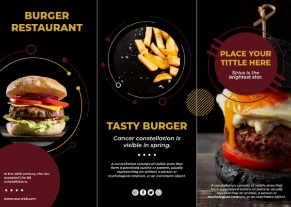 Desain brosur katering dengan latar belakang hitam dan aksen emas